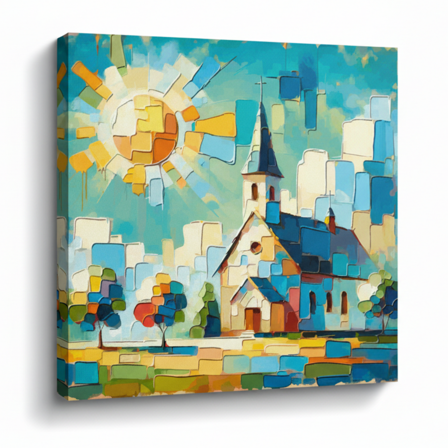 Colourful church landscape canvas print - UK made abstract architectural wall art