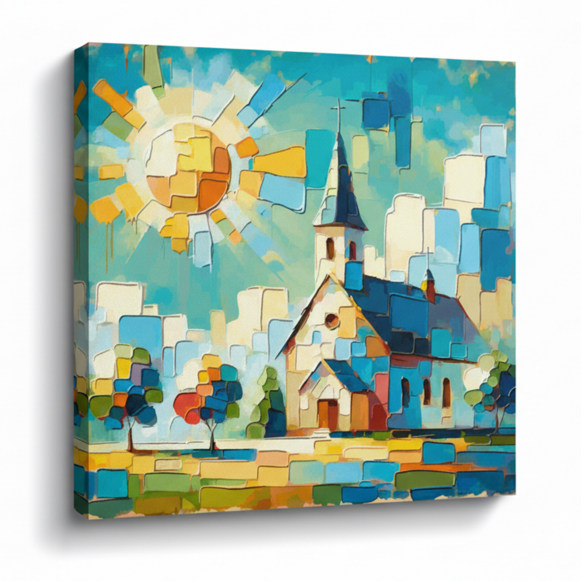 Colourful church landscape canvas print - UK made abstract architectural wall art