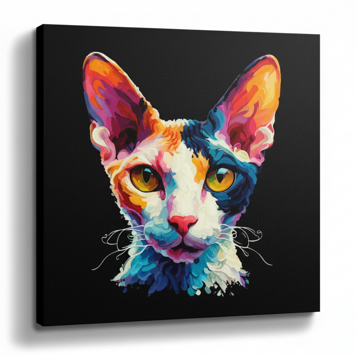 Colourful Cornish Rex cat portrait canvas print - UK made abstract pet wall art black background