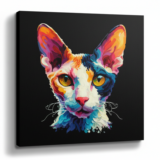 Colourful Cornish Rex cat portrait canvas print - UK made abstract pet wall art black background