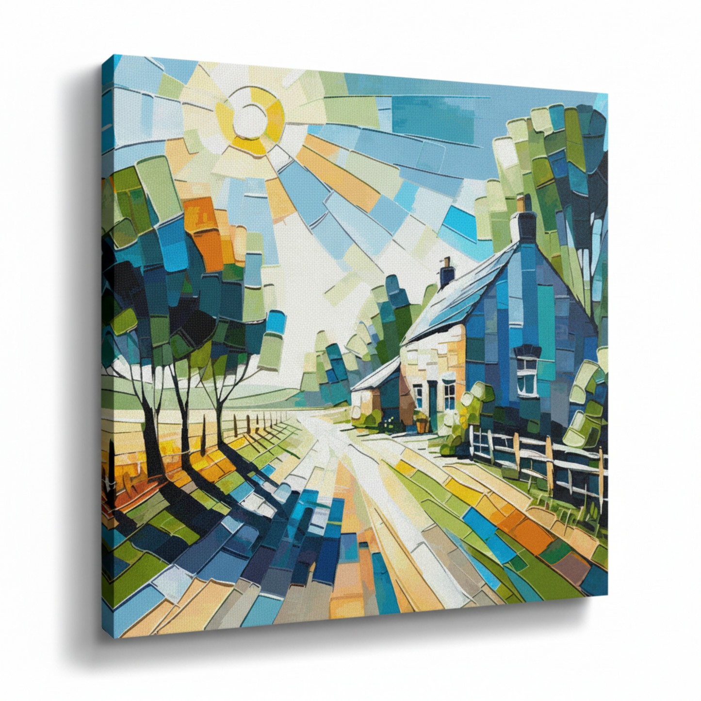 Colourful cottage lane landscape canvas print - UK made abstract countryside wall art