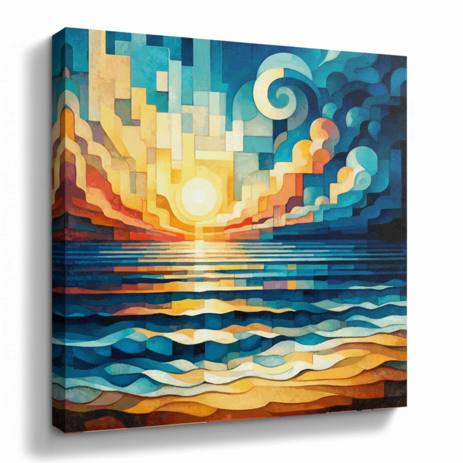 Colourful cubism sunrise seascape canvas print - UK made abstract coastal wall art 