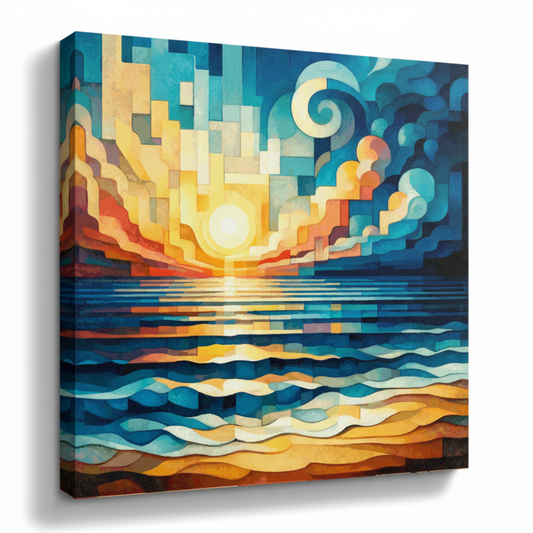 Colourful cubism sunrise seascape canvas print - UK made abstract coastal wall art 