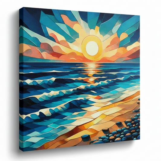 Colourful cubism sunset seascape canvas print - UK made abstract coastal wall art