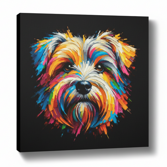 Colourful Dandie Dinmont Terrier dog portrait canvas print - UK made abstract pet wall art black background