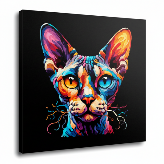 Colourful Devon Rex cat portrait canvas print - UK made abstract pet wall art black background