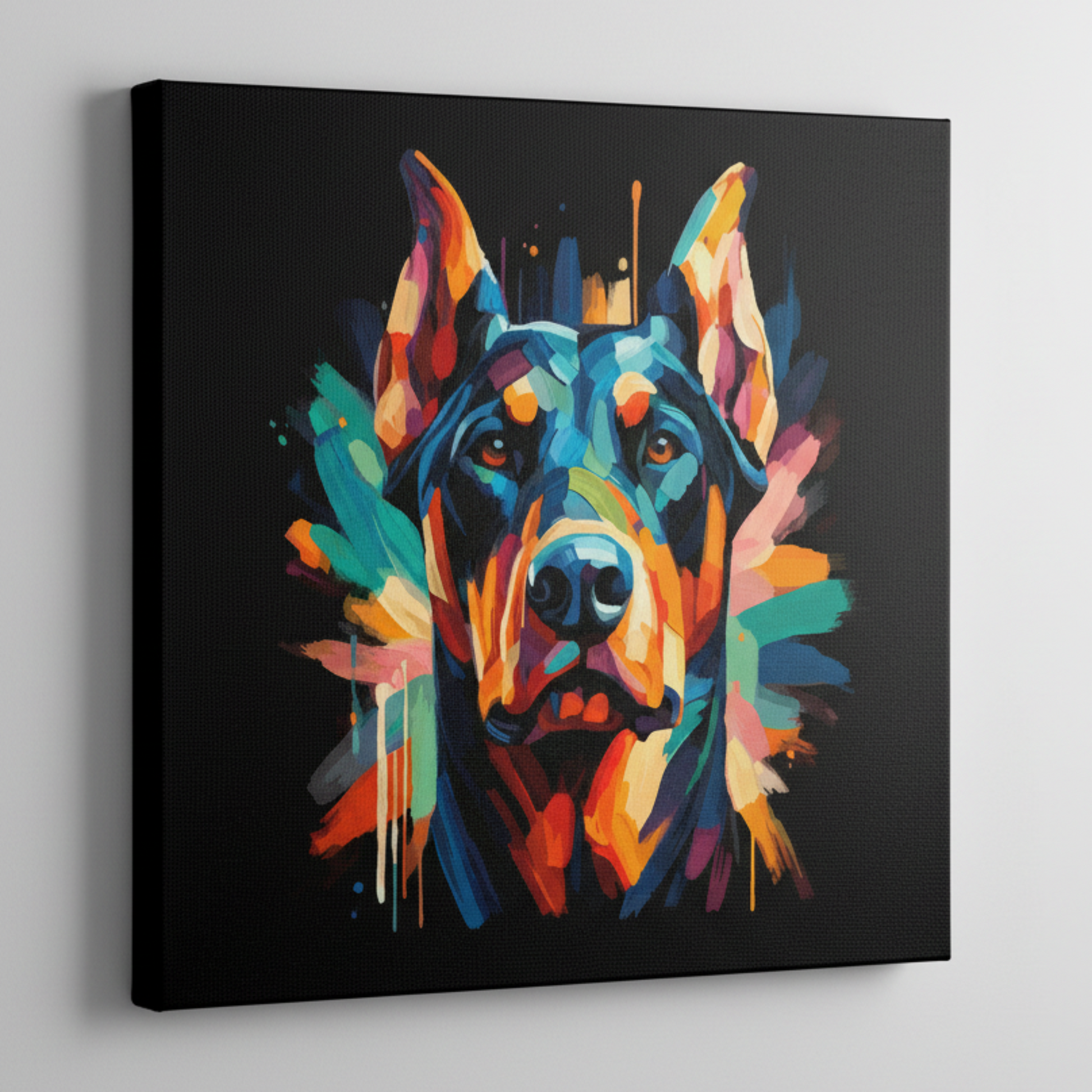 Large canvas wall art - A vibrant multi-coloured head portrait of a Doberman Pinscher. Available in 3 large sizes.