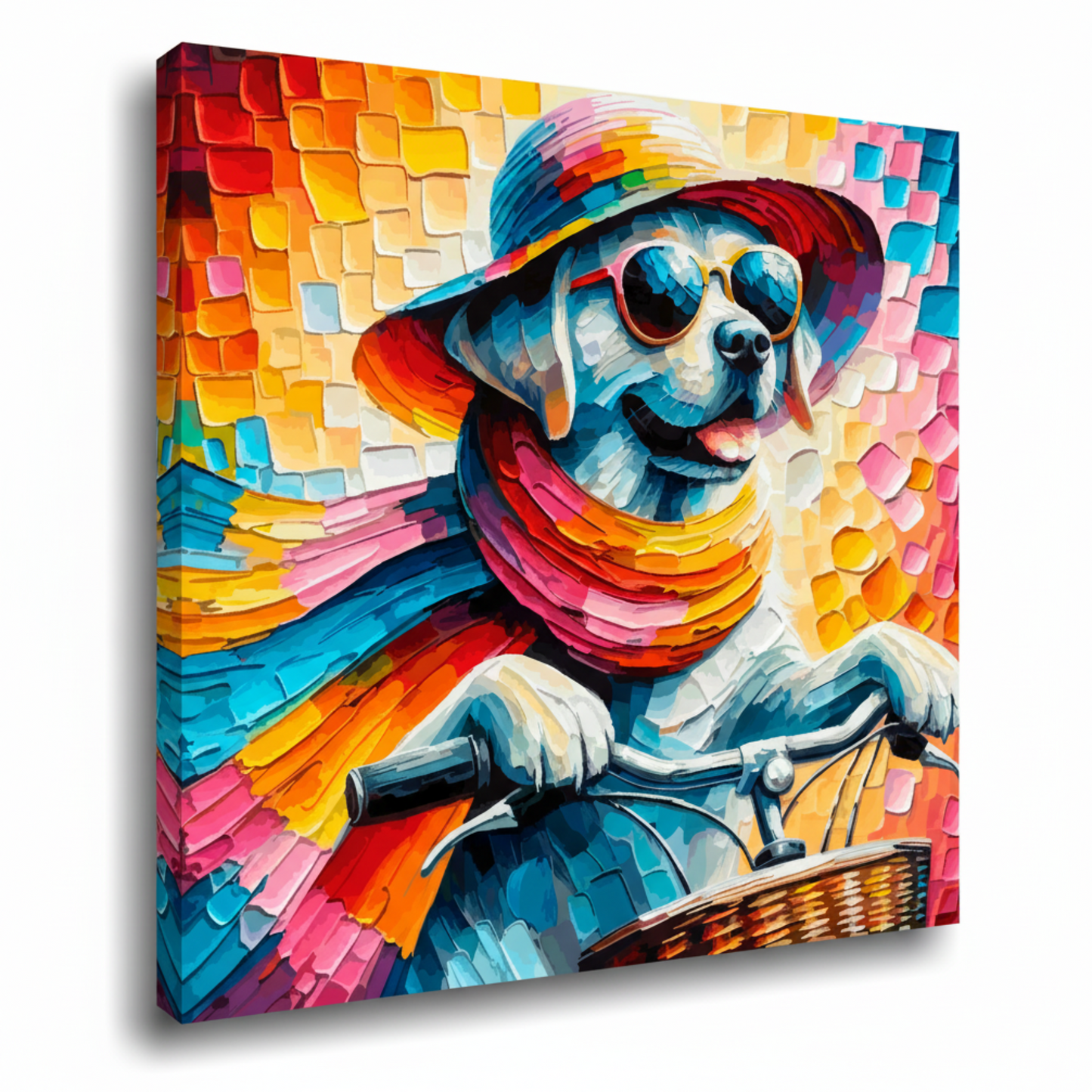 Colourful lab on a bicycle canvas print - UK made abstract whimsical wall art