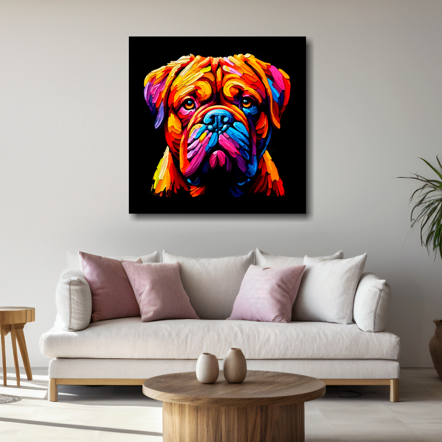 Large Dogue De Bordeaux canvas above white sofa - vibrant abstract dog portrait wall art UK