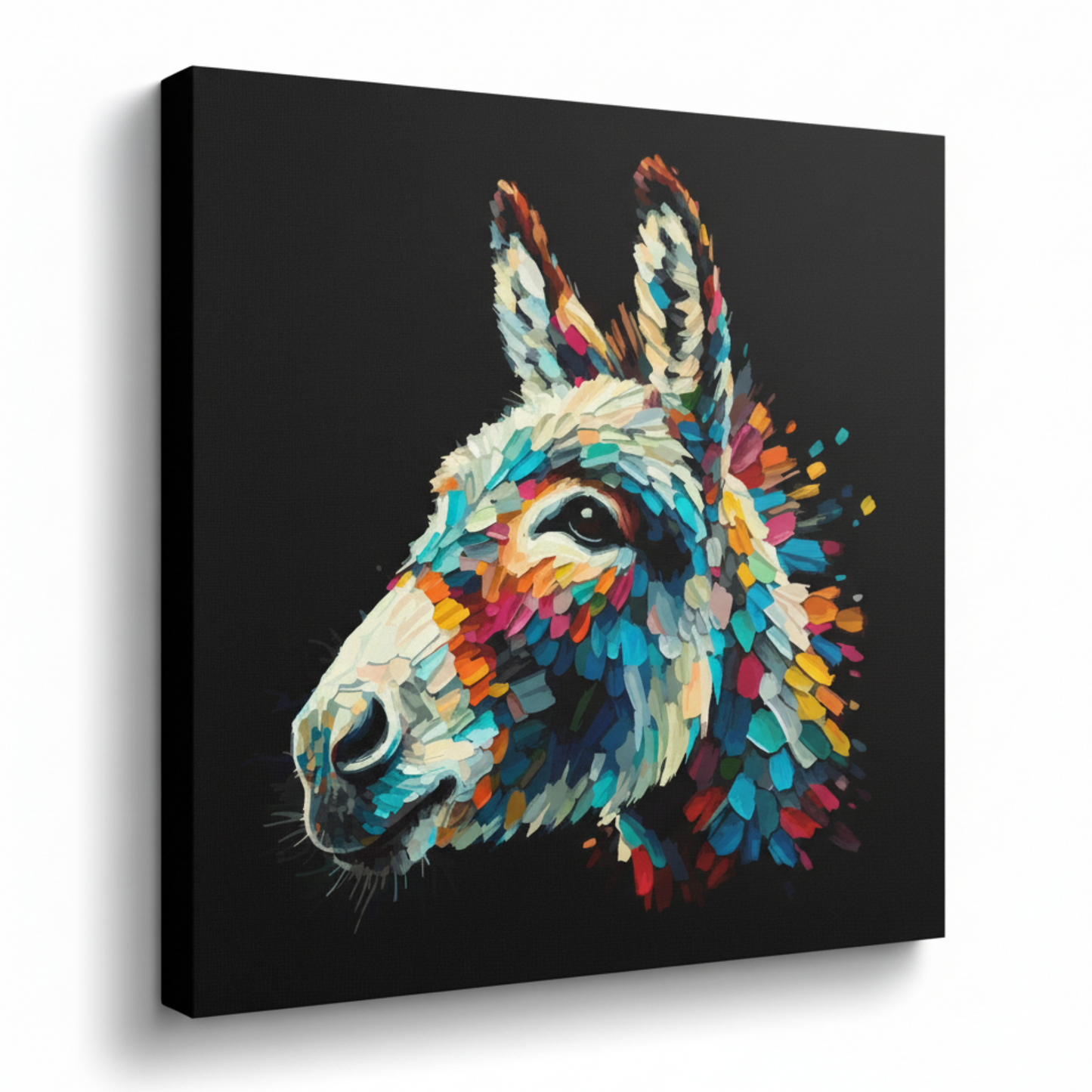 Colourful Donkey farm animal portrait canvas print - UK made abstract wall art black background