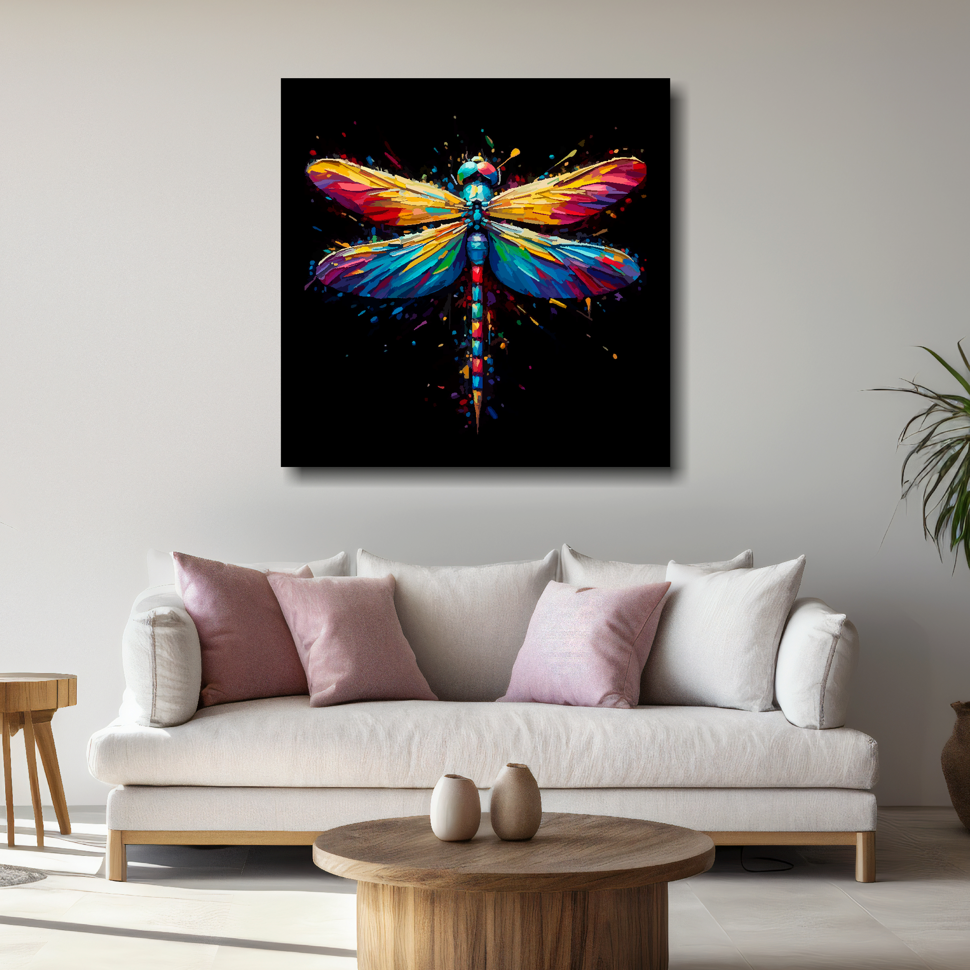 Large Dragonfly canvas above white sofa - vibrant abstract insect portrait wall art UK
