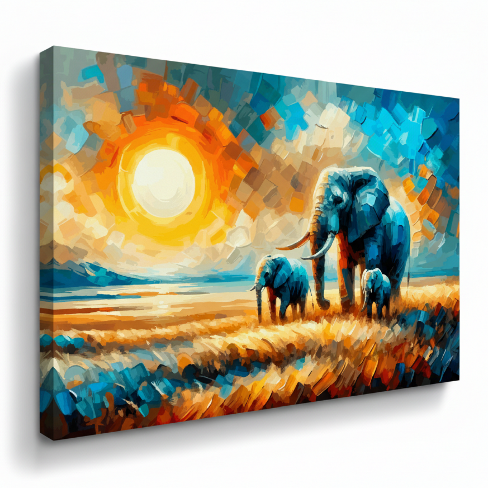 Colourful elephant family landscape canvas print - UK made abstract wildlife wall art