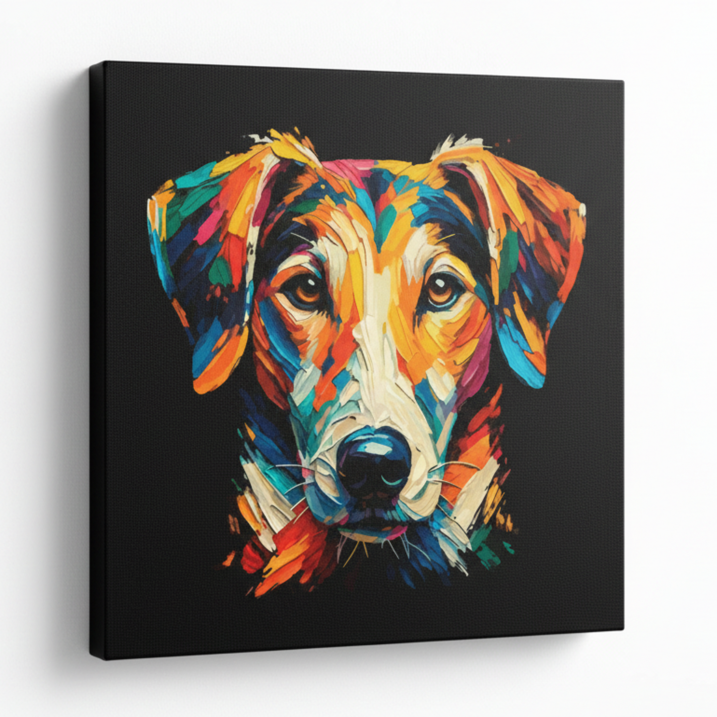 Colourful English Foxhound dog portrait canvas print - UK made abstract pet wall art black background