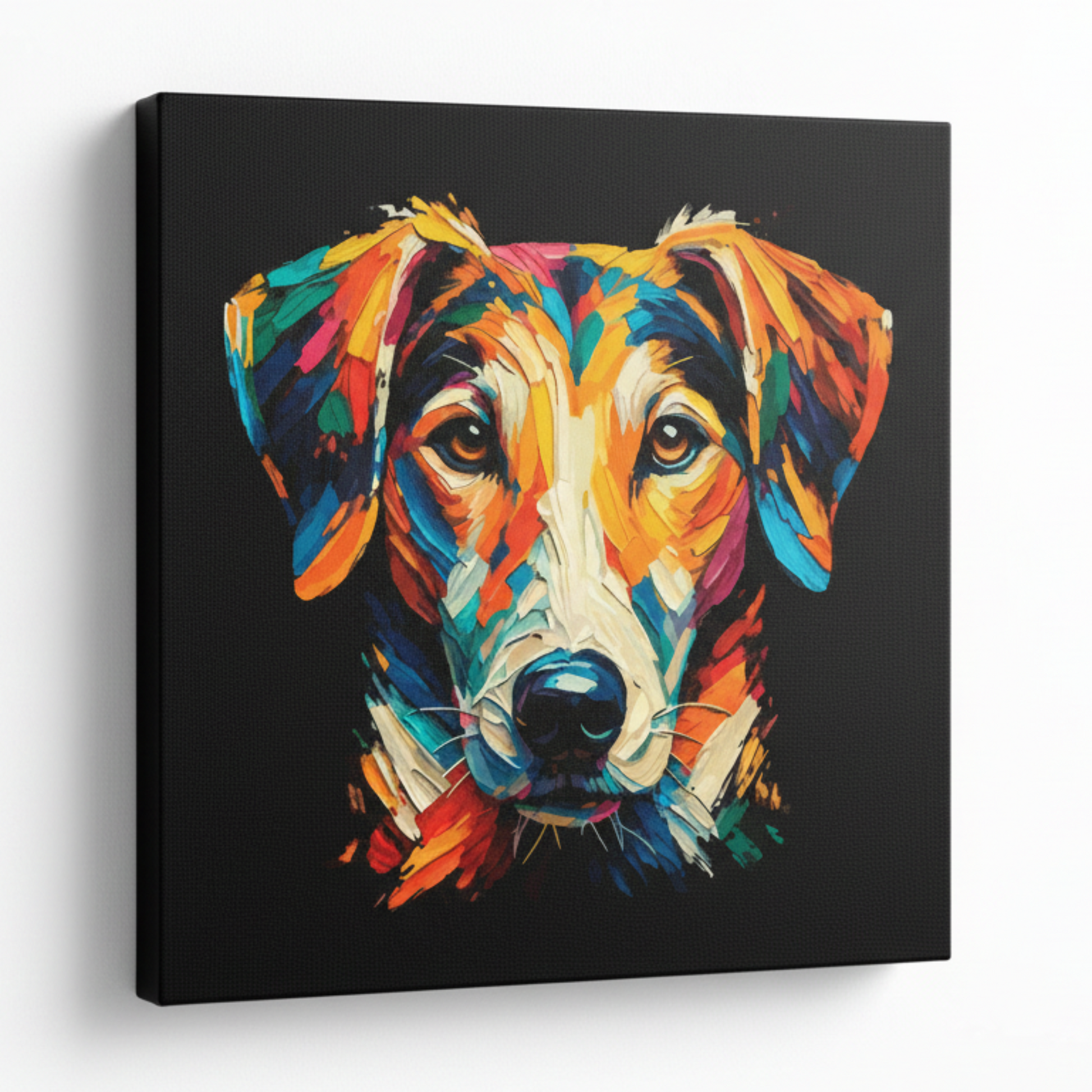 Colourful English Foxhound dog portrait canvas print - UK made abstract pet wall art black background