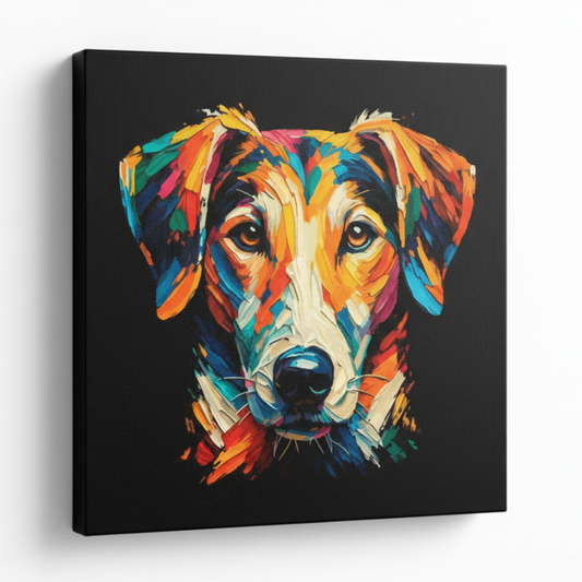 Colourful English Foxhound dog portrait canvas print - UK made abstract pet wall art black background