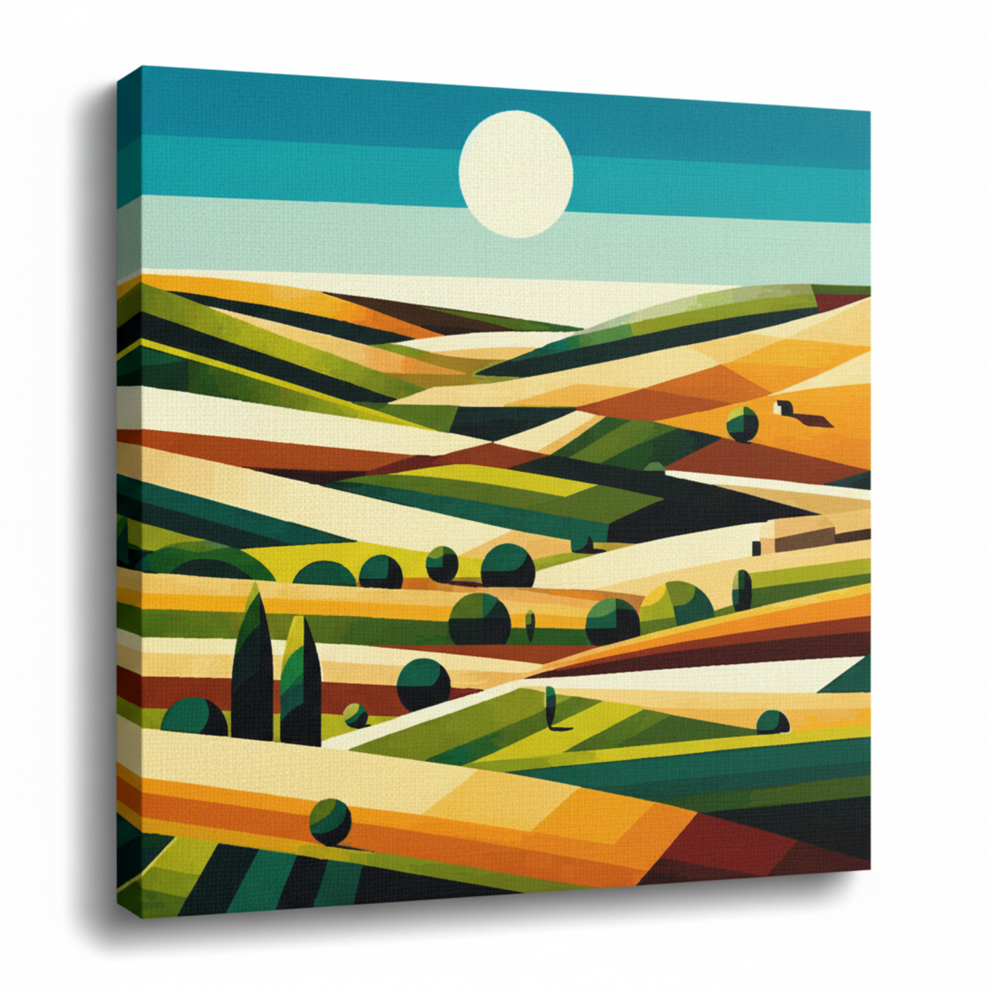 Colourful field landscape canvas print - UK made cubism countryside wall art