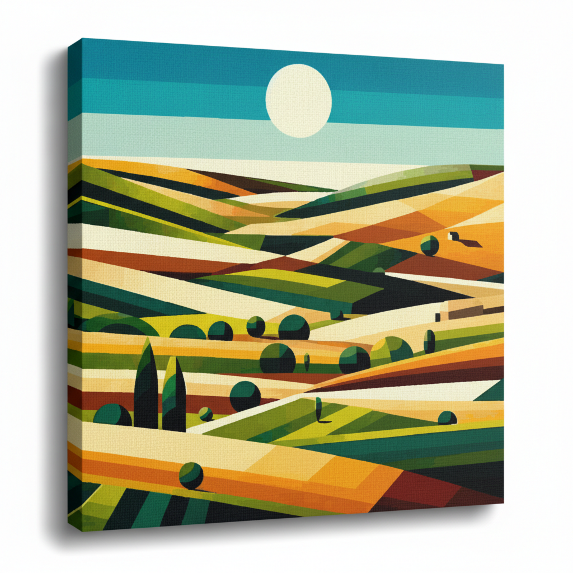 Colourful field landscape canvas print - UK made cubism countryside wall art