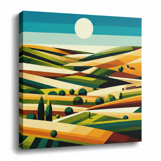 Colourful field landscape canvas print - UK made cubism countryside wall art