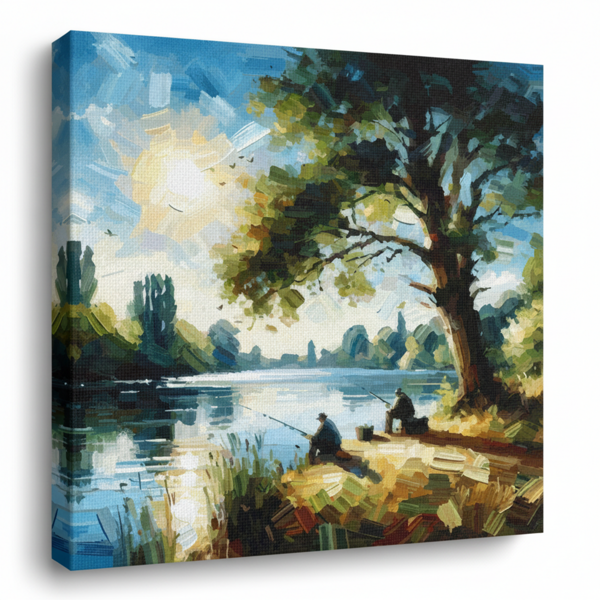 Colourful fishing buddies landscape canvas print - UK made abstract scenic wall art