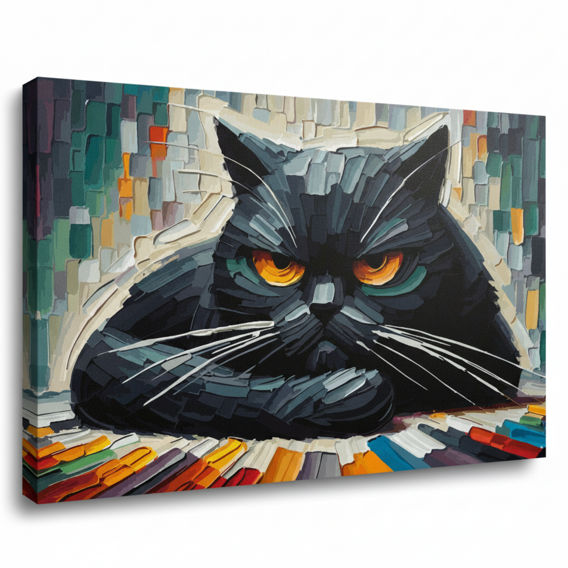 Large canvas wall art - A colourful abstract of a Grumpy Black Cat. Available in 3 large sizes.