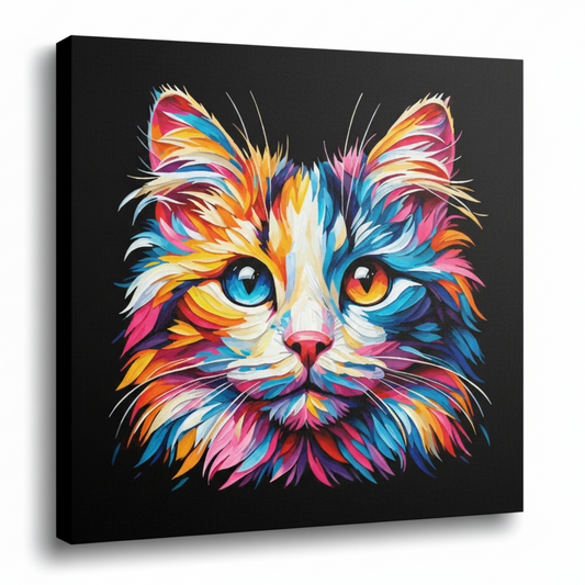 Colourful Japanese Bobtail cat portrait canvas print - UK made abstract pet wall art black background