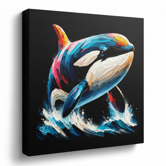 Colourful Killer Whale wildlife portrait canvas print - UK made abstract animal wall art black background