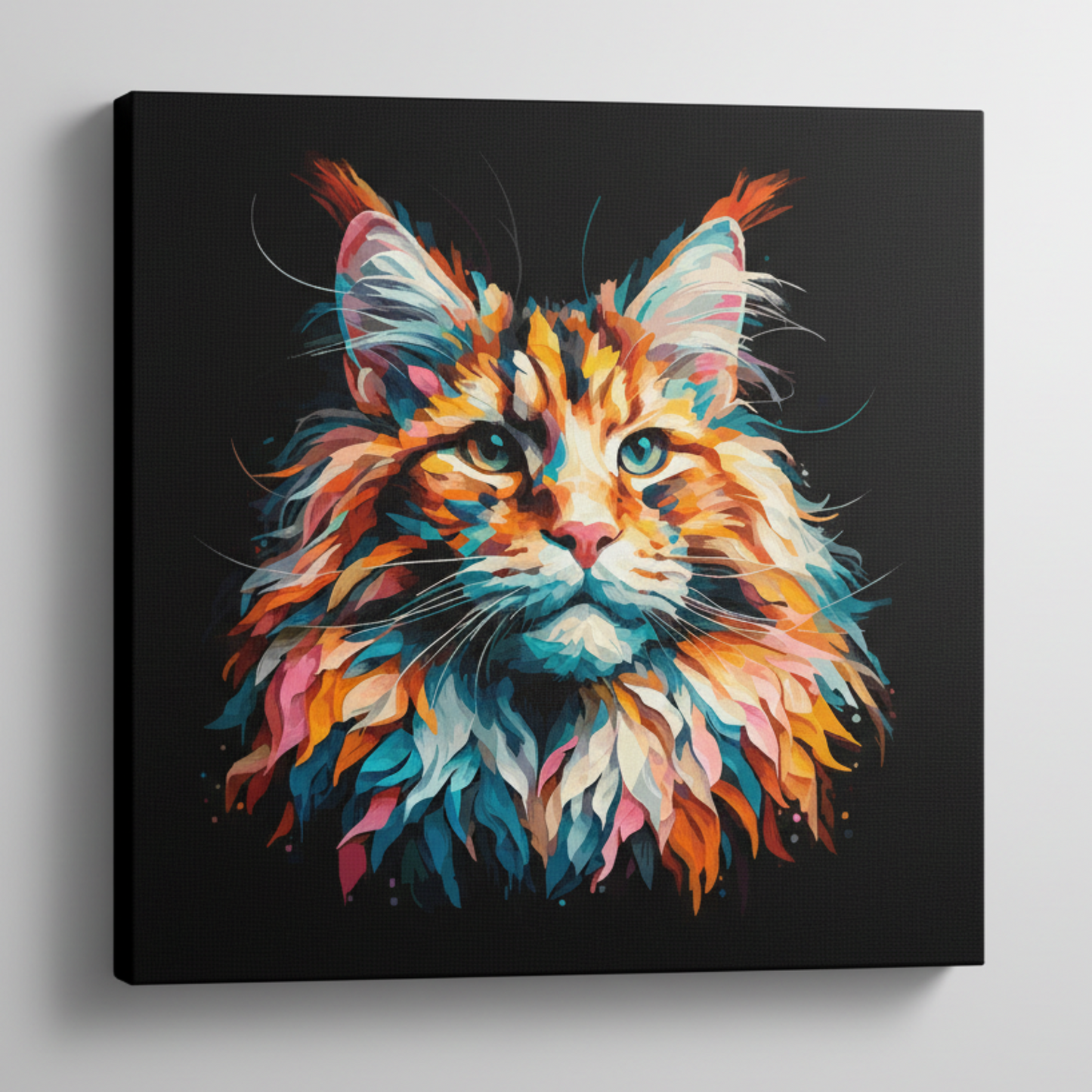 Colourful Maine Coon cat portrait canvas print - UK made abstract pet wall art black background