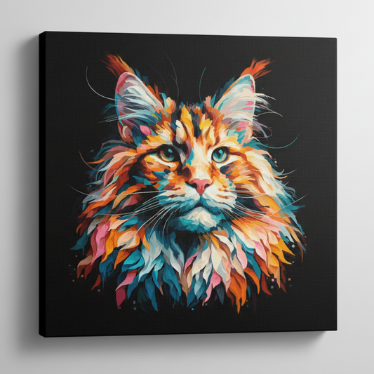 Colourful Maine Coon cat portrait canvas print - UK made abstract pet wall art black background