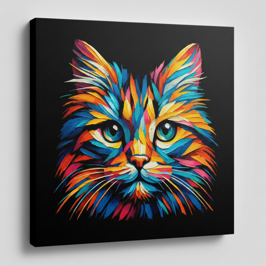 Colourful Manx cat portrait canvas print - UK made abstract pet wall art black background