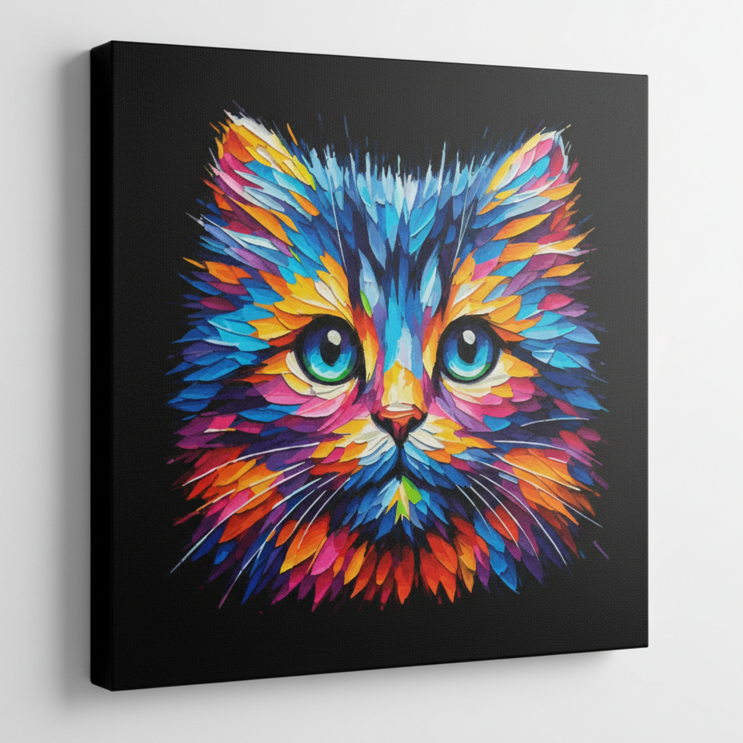 Colourful Moggie cat portrait canvas print - UK made abstract pet wall art black background