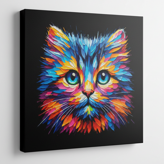 Colourful Moggie cat portrait canvas print - UK made abstract pet wall art black background