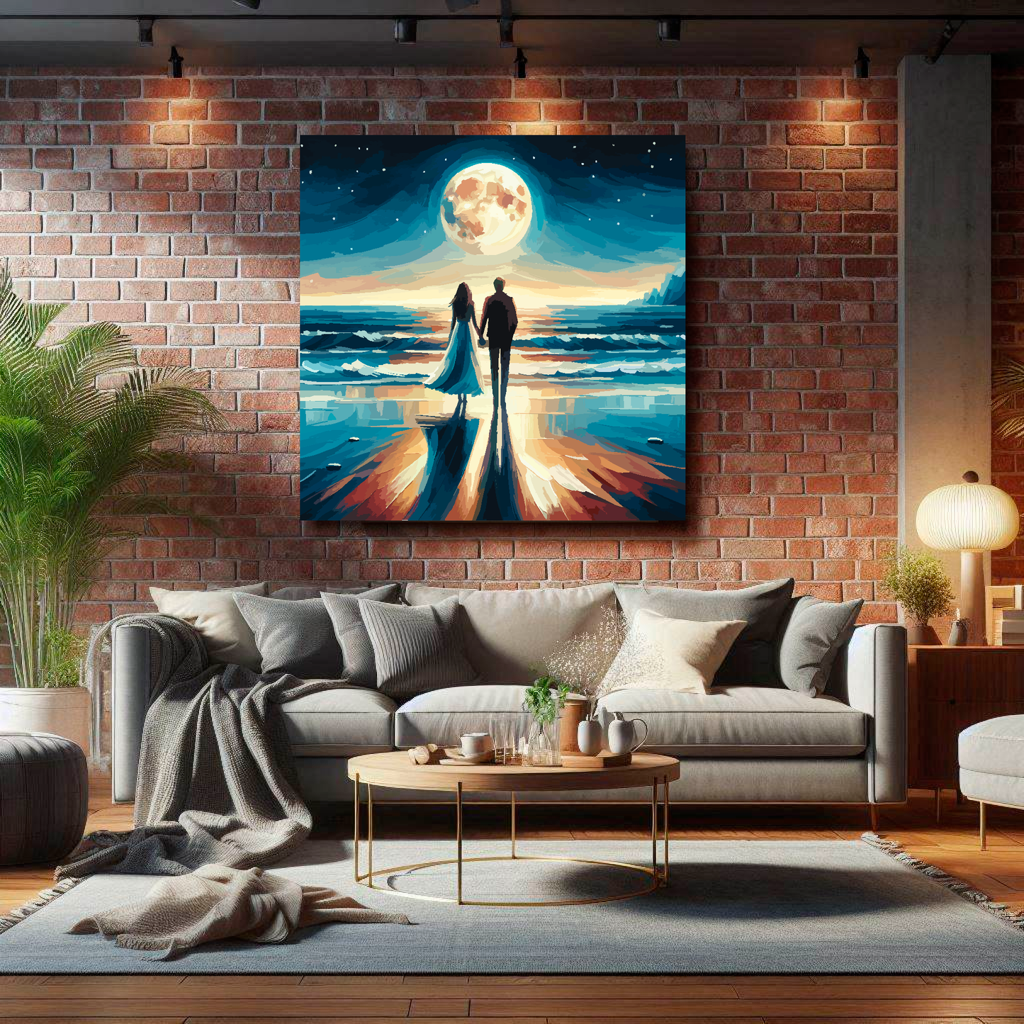 Large moonlight romance canvas on brick wall above grey sofa - bold coastal art UK living room