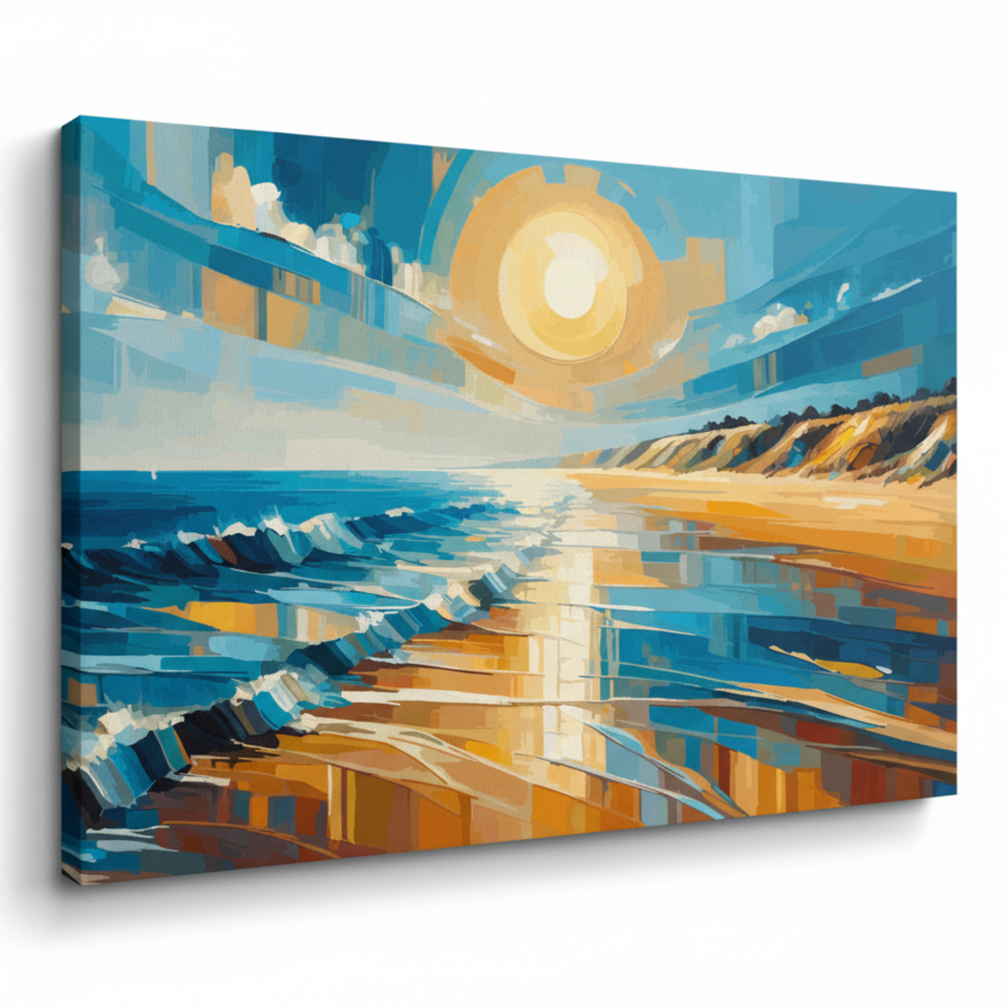 Colourful golden coast seascape canvas print - UK made abstract coastal wall art