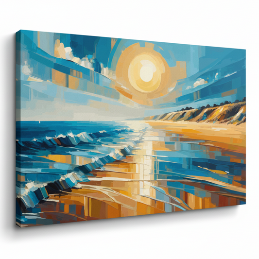 Colourful golden coast seascape canvas print - UK made abstract coastal wall art