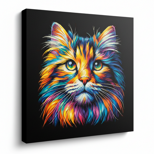 Colourful Norwegian Forest cat portrait canvas print - UK made abstract pet wall art black background