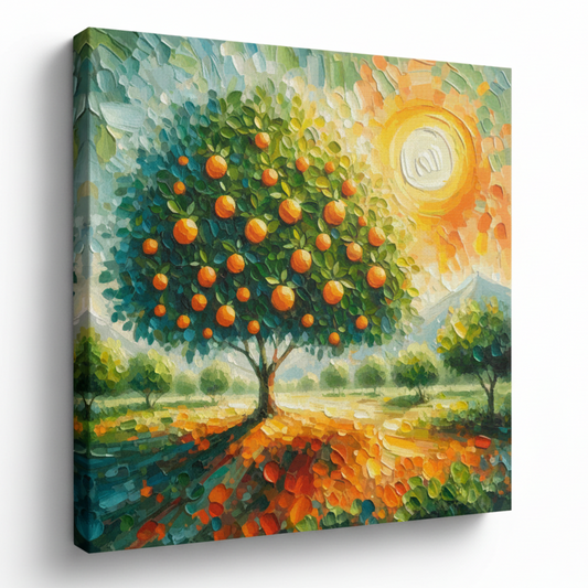 Colourful orange tree landscape canvas print - UK made abstract botanical wall art