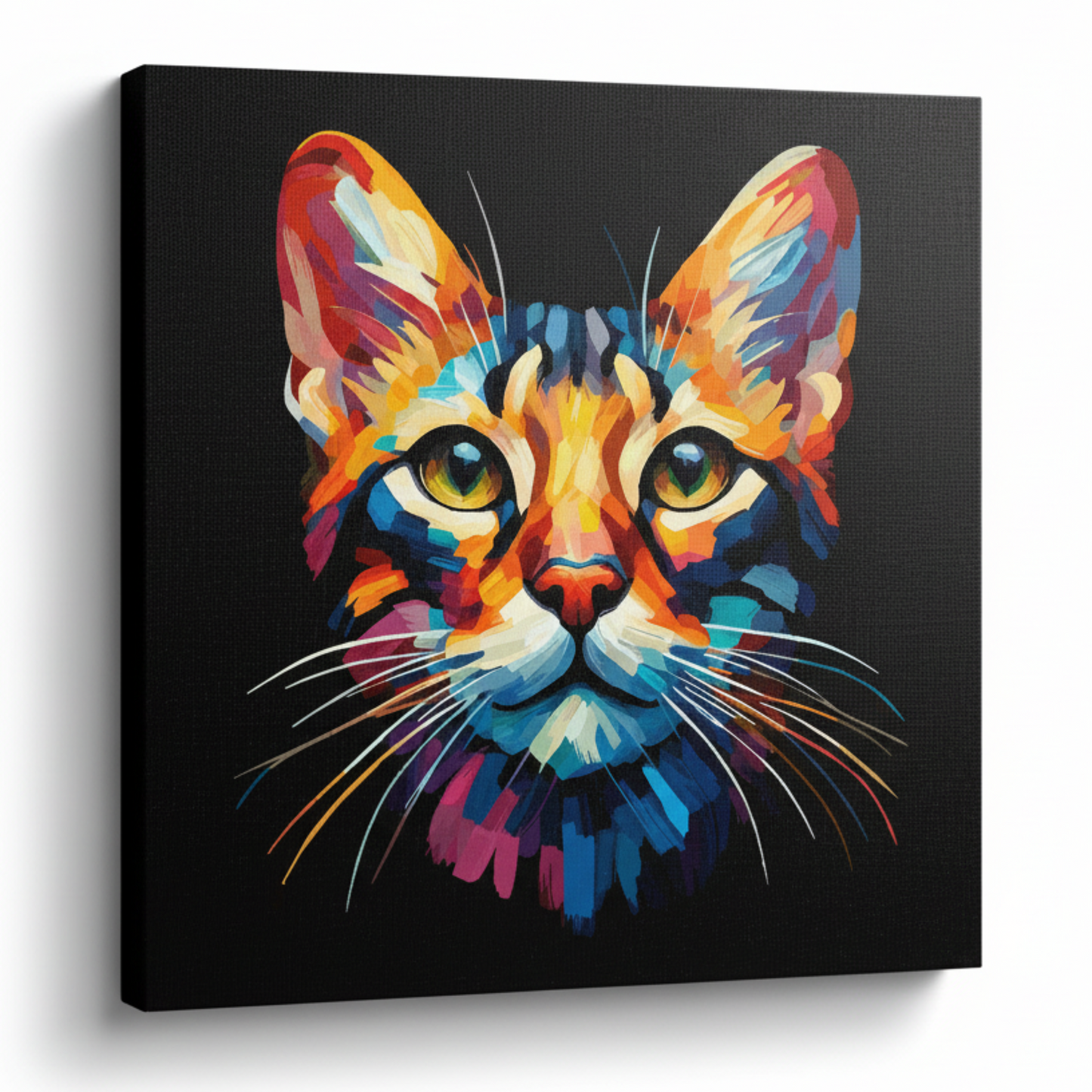 Colourful Oriental cat portrait canvas print - UK made abstract pet wall art black background