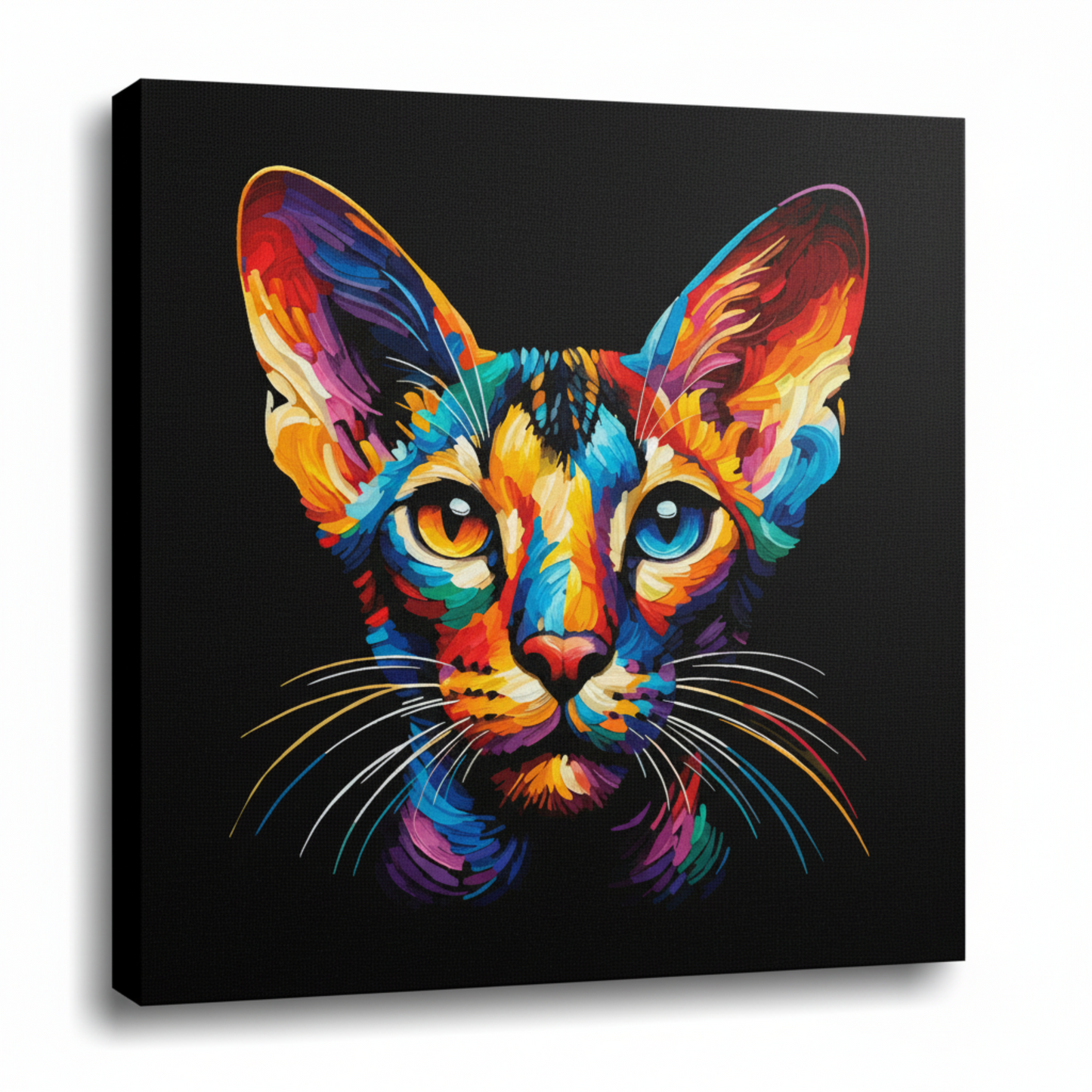 Colourful Oriental Shorthair cat portrait canvas print - UK made abstract pet wall art black background