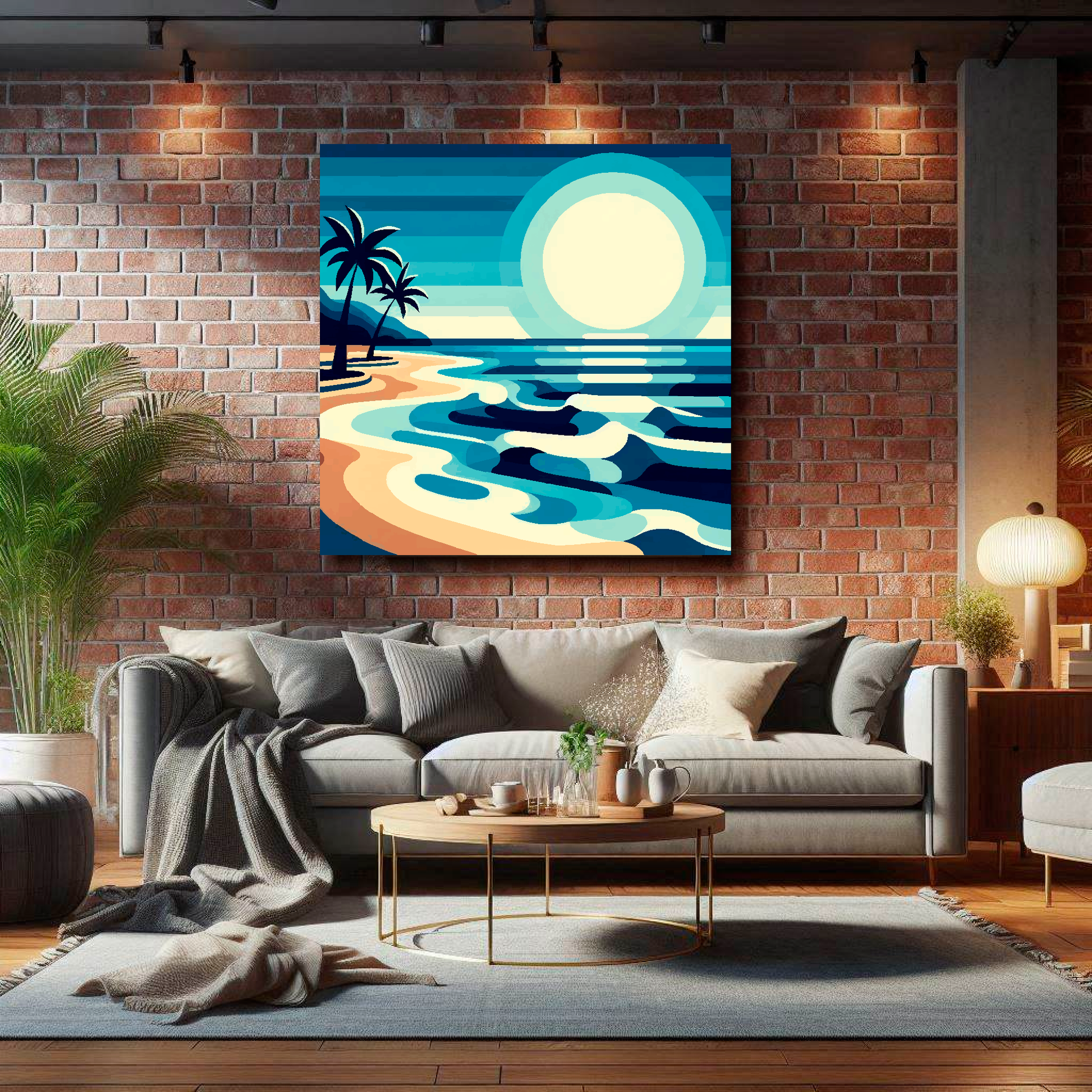 Large palm beach canvas on brick wall above grey sofa - bold coastal art UK living room