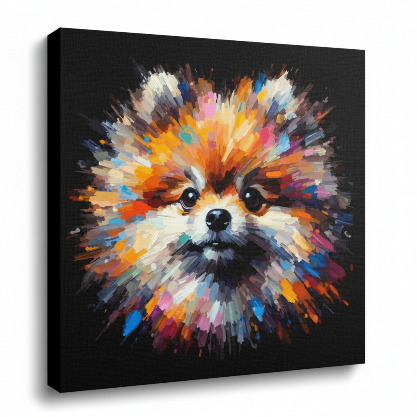 Colourful Pomeranian dog portrait canvas print - UK made abstract pet wall art black background