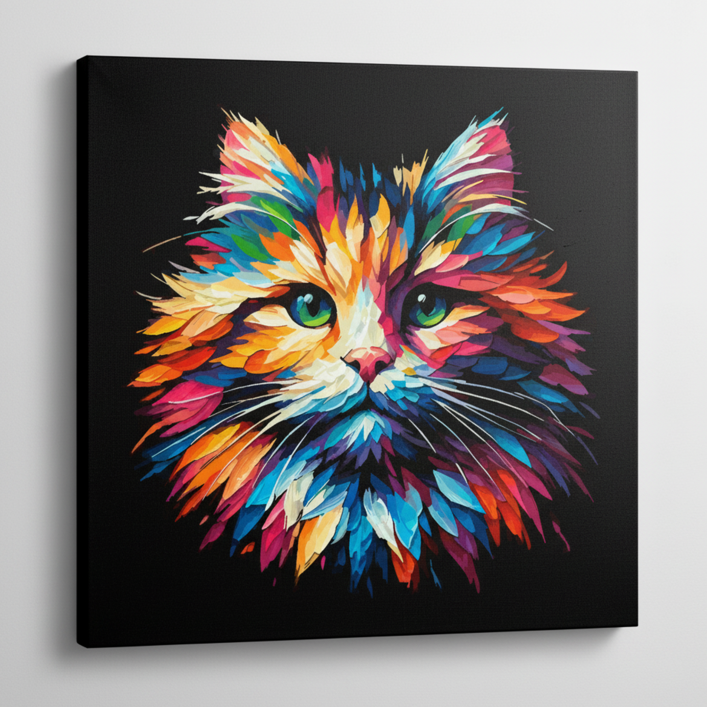 Colourful Ragamuffin cat portrait canvas print - UK made abstract pet wall art black background