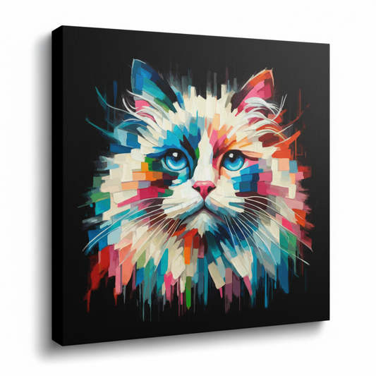 Colourful Ragdoll cat portrait canvas print - UK made abstract pet wall art black background