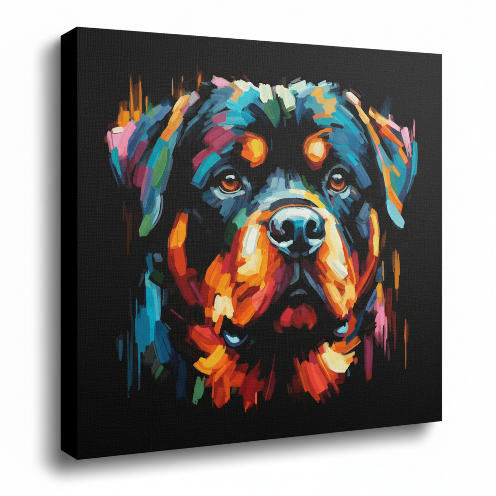 Colourful Rottweiler dog portrait canvas print - UK made abstract pet wall art black background