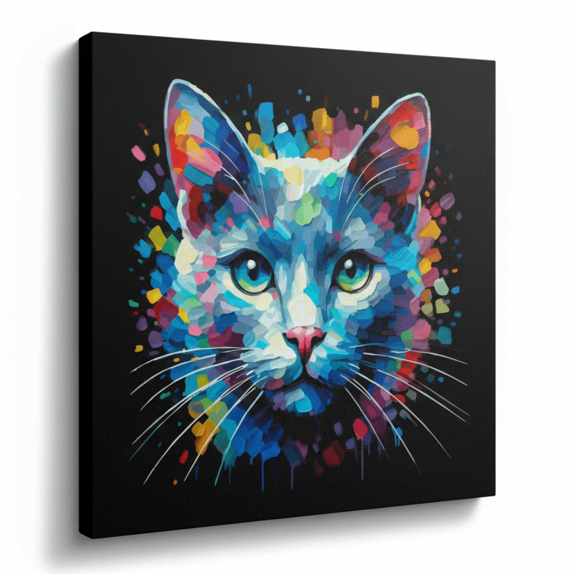 Colourful Russian Blue cat portrait canvas print - UK made abstract pet wall art black background