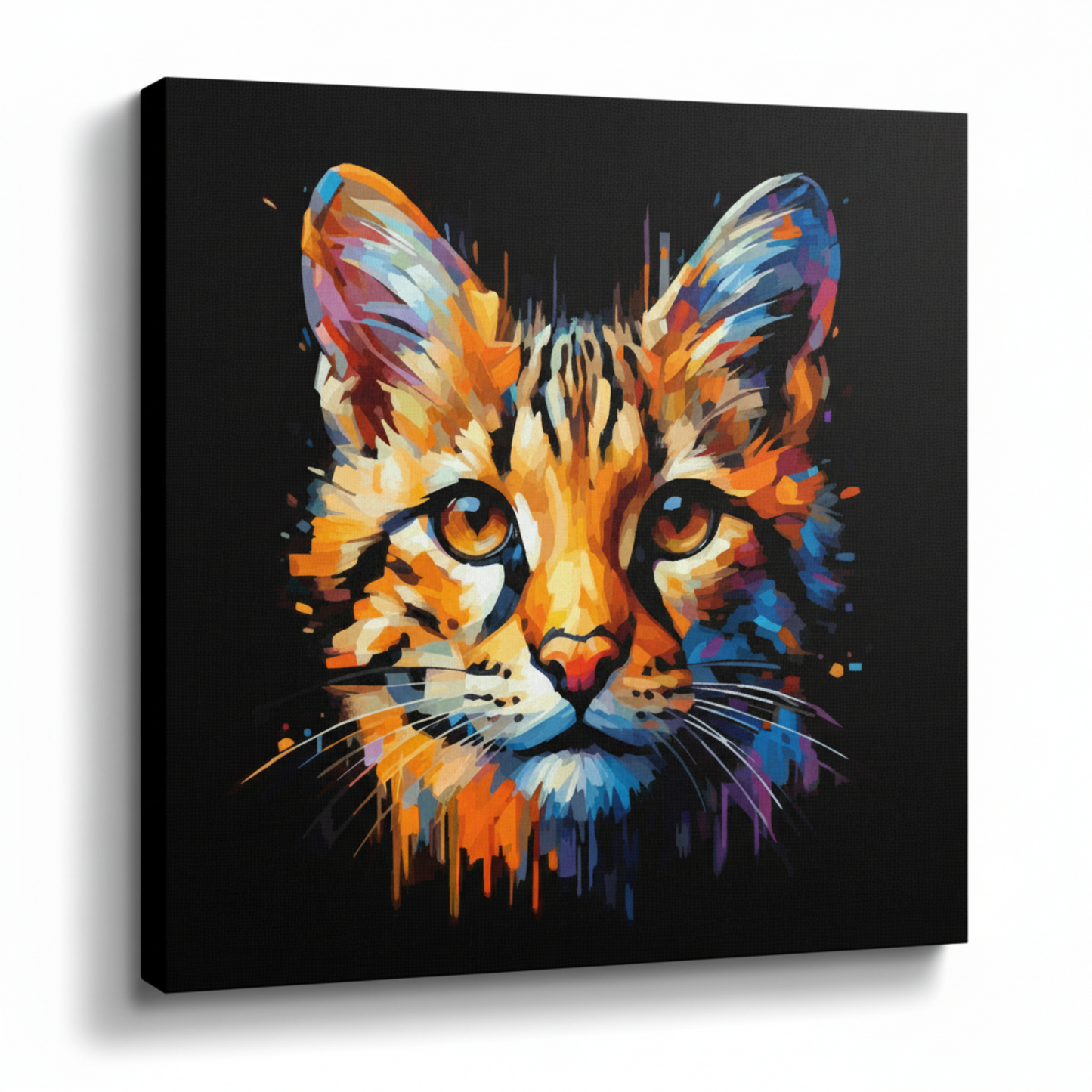 Colourful Savannah cat portrait canvas print - UK made abstract pet wall art black background