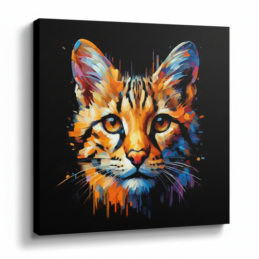 Colourful Savannah cat portrait canvas print - UK made abstract pet wall art black background