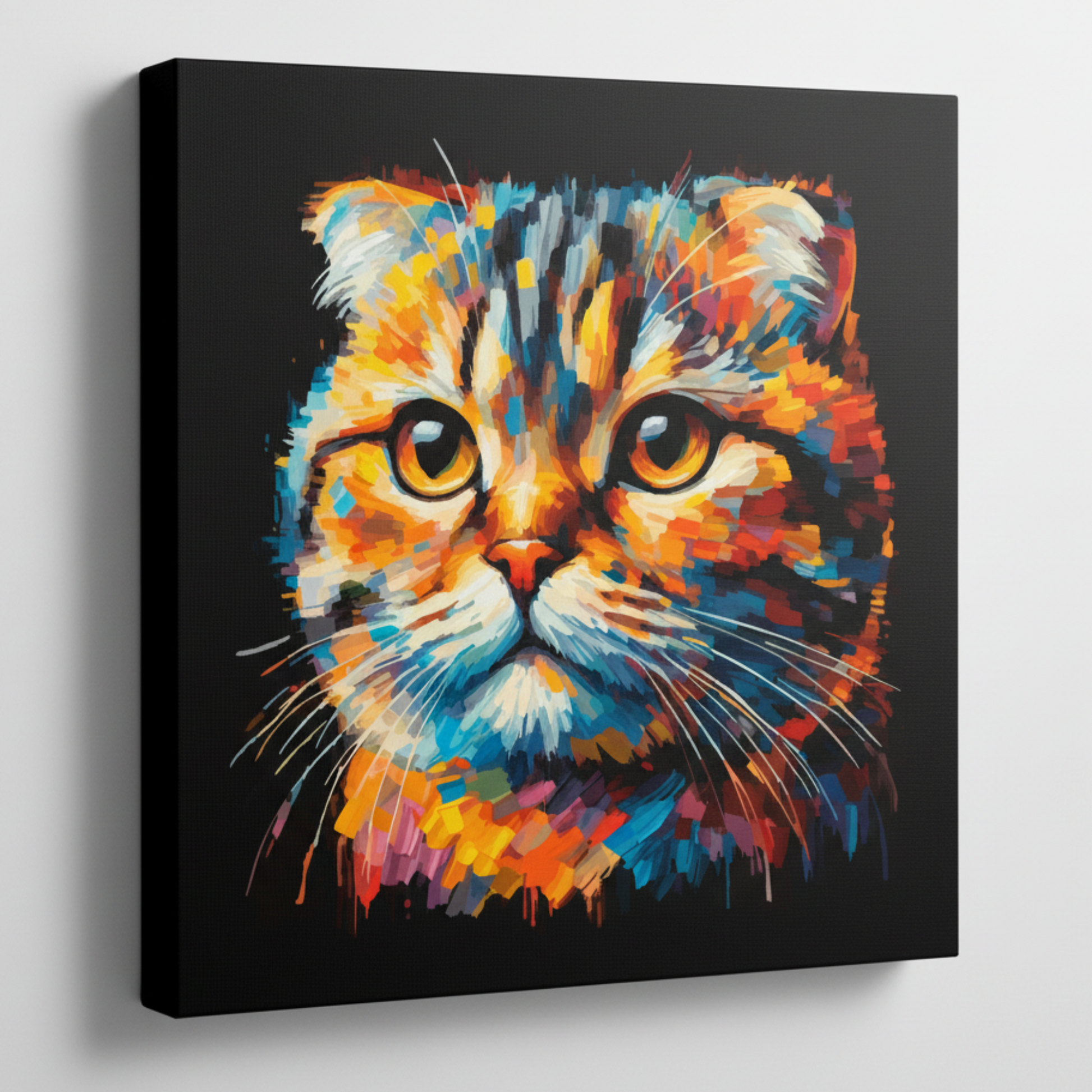 Colourful Scottish Fold cat portrait canvas print - UK made abstract pet wall art black background