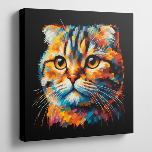 Colourful Scottish Fold cat portrait canvas print - UK made abstract pet wall art black background