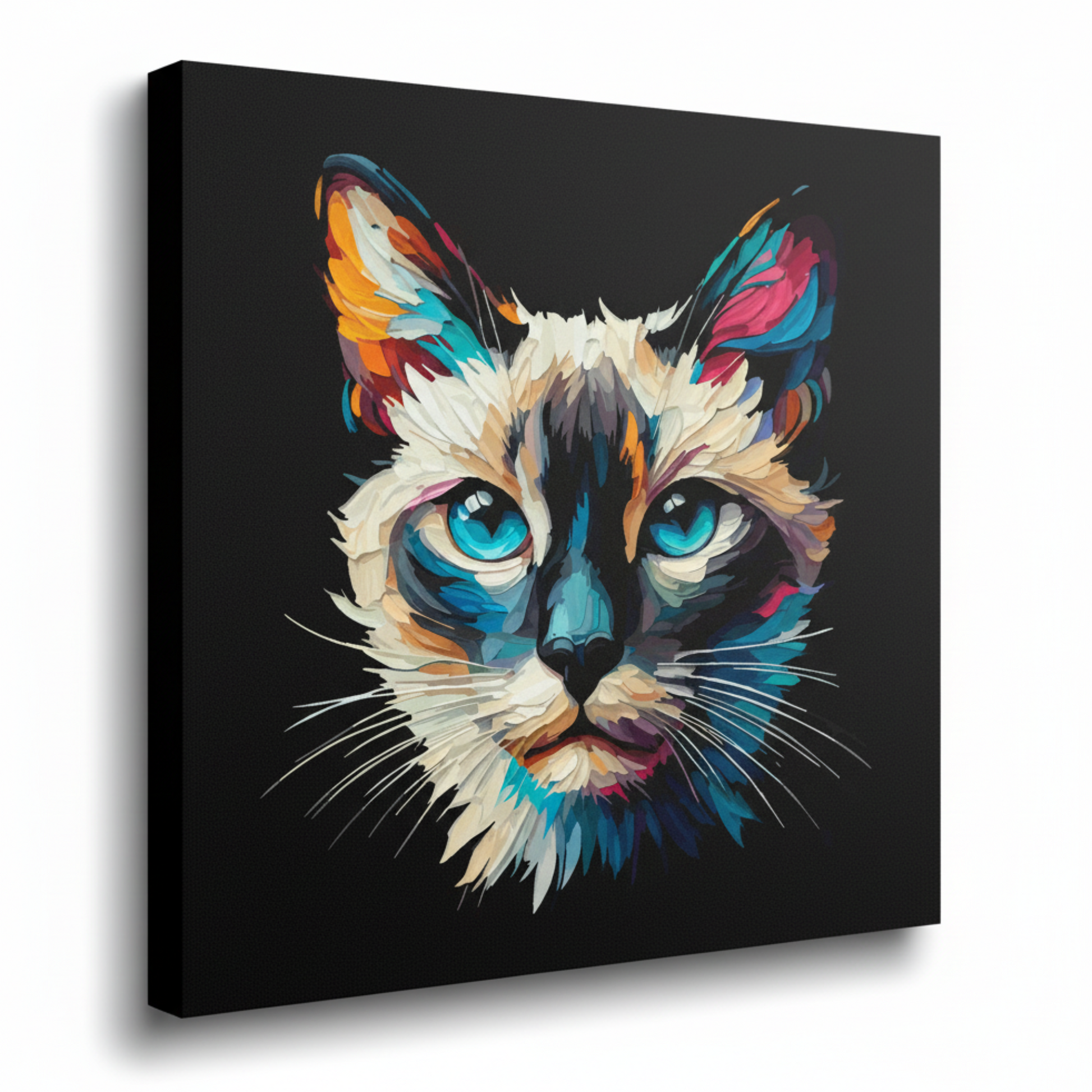 Colourful Siamese cat portrait canvas print - UK made abstract pet wall art black background