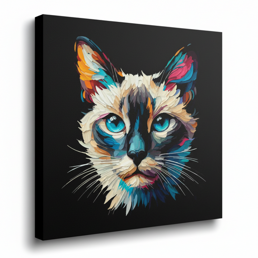 Colourful Siamese cat portrait canvas print - UK made abstract pet wall art black background